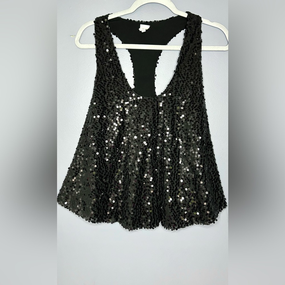 Flawless Tank Top Womens M Black Sequin Scoop Neck Racerback‎ Trapeze Mesh Party